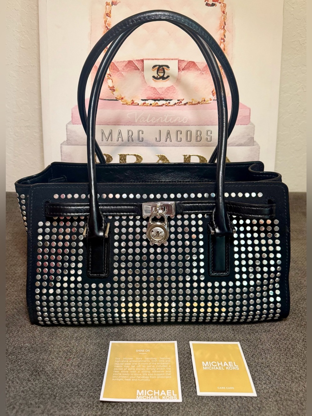 MICHAEL Michael Kors Hamilton Moderne Studded Black Leather & Suede Sathchel